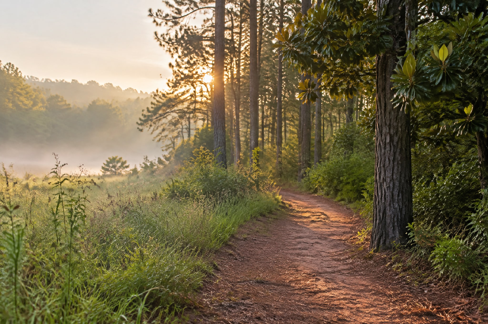 Soft morning light reaches a curving path at the edge of a pine and magnolia woodland in Georgia.